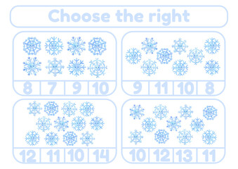 Activity page, sheet for kids. Arithmetic task at the expense of snowflakes. Winter game for teaching a child. An exercise for learning numbers. An account lesson for a preschooler. Children's math