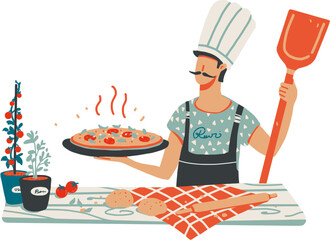Vector illustration with young man holding pizza. Napoleon Italian Pizza with fresh mozzarella and basil leaves. True Italian Traditional Pizza Margherita. Simple vector print design, bar menu.