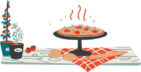 Vector illustration of Pizza Napoletana - Napoli tomato sauce mozzarella and basil - top of view. Simple vector print design, bar menu decoration. 