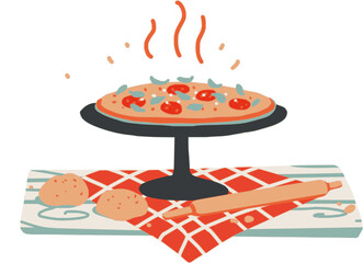 Vector illustration of Pizza Napoletana - Napoli tomato sauce mozzarella and basil - top of view. Simple vector print design, bar menu decoration. 