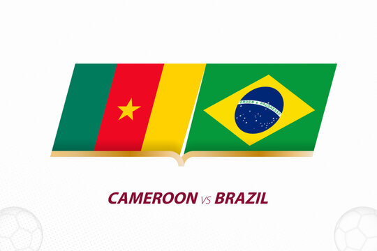 Cameroon vs Brazil in Football Competition, Group A. Versus icon on Football background.