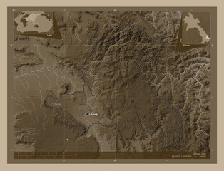 Xekong, Laos. Sepia. Labelled points of cities