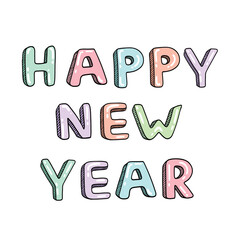 Vector Hand Drawn Happy New Year Greeting Text in Isolated Candy Alphabet Font Design Decorative Shining Sugar Font Design in Pastel Colors. Happy New Year 2023 in Shining Sweet Sugar Letters Style.