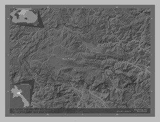 Xiangkhoang, Laos. Grayscale. Labelled points of cities