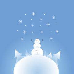 Snowman and snow. Winter postcard.