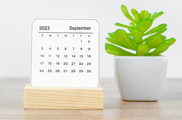 The September 2023 Monthly calendar for 2023 year with plant pot on wooden table.