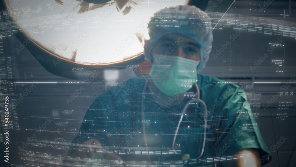 Poster futuristic biomedical concept of a doctor using advance holographic scanning a patient's brain neuro