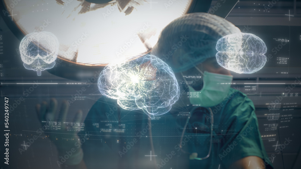 Aufkleber futuristic biomedical concept of a doctor using advance holographic scanning a patient's brain neuro