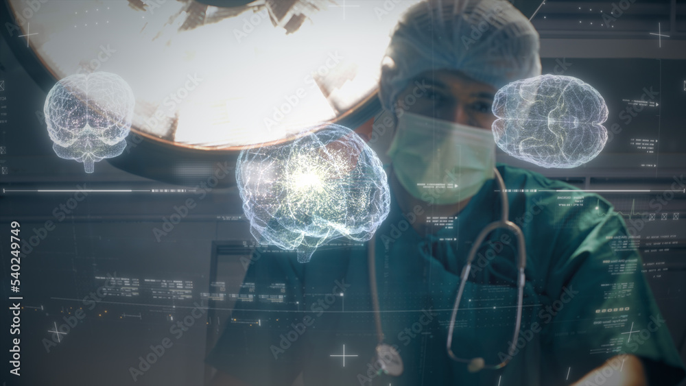 Poster futuristic biomedical concept of a doctor using advance holographic scanning a patient's brain neuro