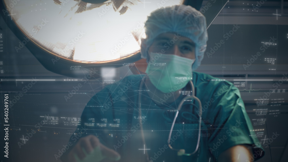 Aufkleber futuristic biomedical concept of a doctor using advance holographic scanning a patient's brain neuro