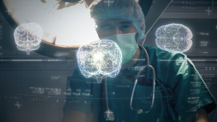 Futuristic biomedical concept of a doctor using advance holographic scanning a patient's brain...