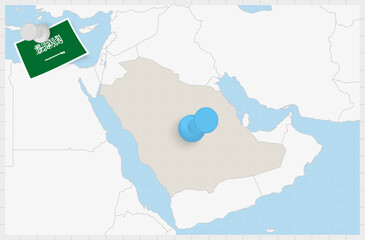 Map of Saudi Arabia with a pinned blue pin. Pinned flag of Saudi Arabia.