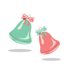 Vector Pastel Colors Christmas Bells  Isolated Christmas Bells Decorations. Bells set with ribbon bows Isolated on white background New Year and Christmas Elements Set Green and pink colors.