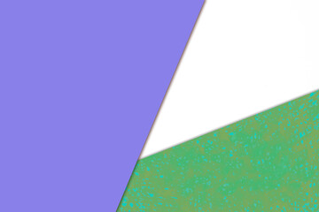 Plain vs textured bright fresh shades of purple green and white color papers intersecting to form a triangle shape for cover design