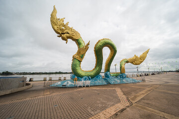 The Naga Statue in Nong Khai, Thailand. the landmark of the town at the mekong promenade.
