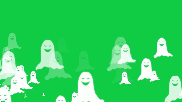 cute glowing white ghosts flying on green screen background, Halloween party concept autumn design, 4k animation