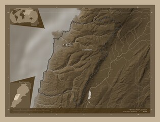 Mount Lebanon, Lebanon. Sepia. Labelled points of cities