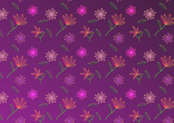 Obraz na płótnie Canvas Glowing tropical flower fabric pattern on green background.