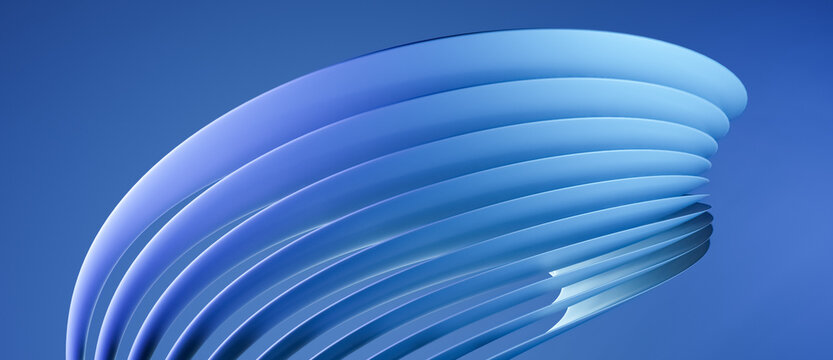 Blue abstract round shiny modern 3D object with many overlapping layers and flowing curves, lines or shapes on black background