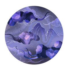 Asian style landscape with mountains and stones, river and ripples, digital illustration