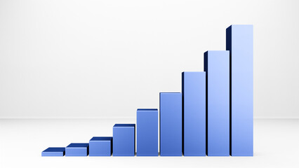 3D illustration of increasing progress and growing blue bars or columns chart, corporate economic, financial or business commerce concept