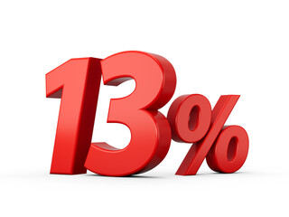 3d Red 13% Thirteen Percent Sign on White Background 3d illustration