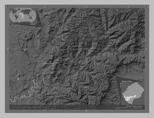 Mohale's Hoek, Lesotho. Grayscale. Labelled points of cities