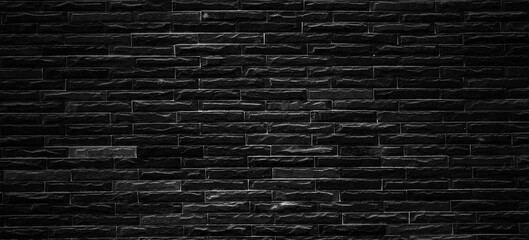 Dark black brick walls, brick room, interior texture, wall background.