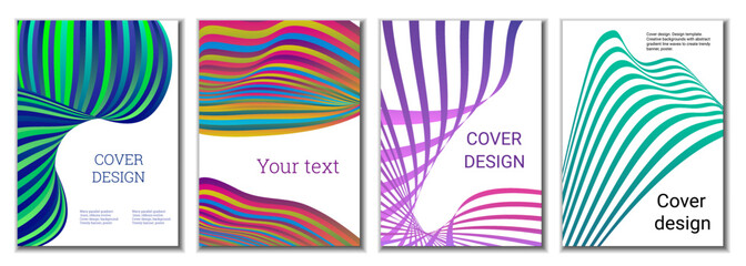 Obraz premium A set of 4 abstract covers. Wavy parallel gradient lines, ribbons evolve. Cover design, background. Trendy banner, poster.
