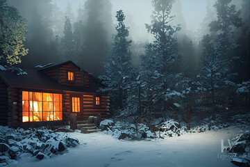 log cabin in winter forest