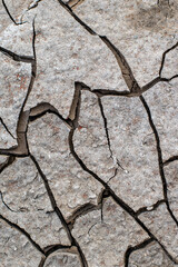 The ground has cracks in the photo from above for a background or graphic design with the concept of drought and death.