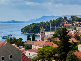 Panoramic view of Cavtat with the towers of St Nicholas church and the Monastery of Our Lady of the Snow. This village is the centre of the Konavle municipality in Dubrovnik-Neretva County, Croatia