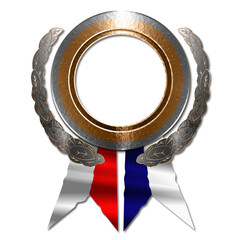 3d illustration silver medal with ribbons white and blue with red