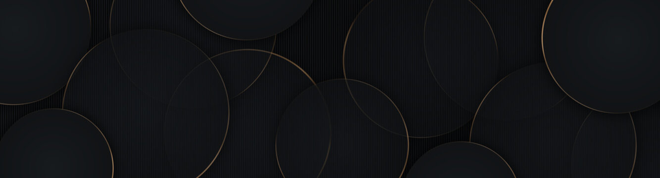 Luxury circular abstract black metal background with golden light lines. Dark geometric texture illustration. Bright circles pattern. Pure black horizontal banner wallpaper. Carbon elegant striped BG