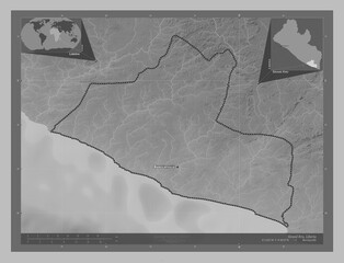 Grand Kru, Liberia. Grayscale. Labelled points of cities