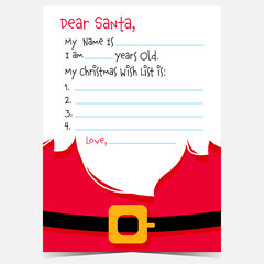 Dear Santa Christmas letter template with Christmas wish list. Christmas postcard to Santa Claus with empty space to fill in the message and wishes for winter holidays. Vector illustration.