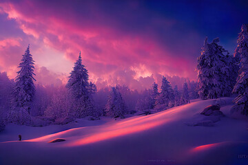 winter landscape sunset snow forest and hills