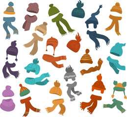 set of different knitted hats caps and scarves, kids children and adults winter clothes, head-wear, isolated vector illustration graphic