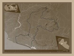 Margibi, Liberia. Sepia. Labelled points of cities