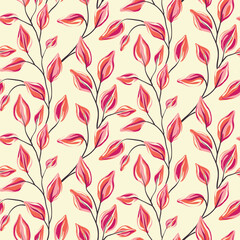 Seamless botanical pattern, artistic natural print with small hand drawn leaves on thin branches. Elegant botanical design from branches with pink leaves on a light background. Vector illustration.