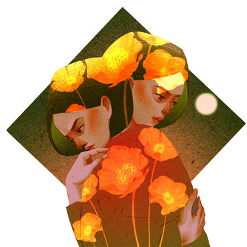 Women hugging each other, calm, think, tranquil, vintage style, Asian style, digital illustration