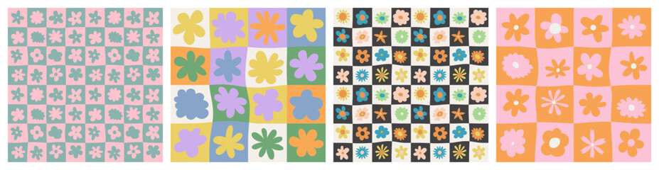 Trendy floral seamless pattern collection. Set of vintage 70s style flower background illustration. Colorful pastel color groovy artwork bundle, y2k nature backgrounds with spring plants.
