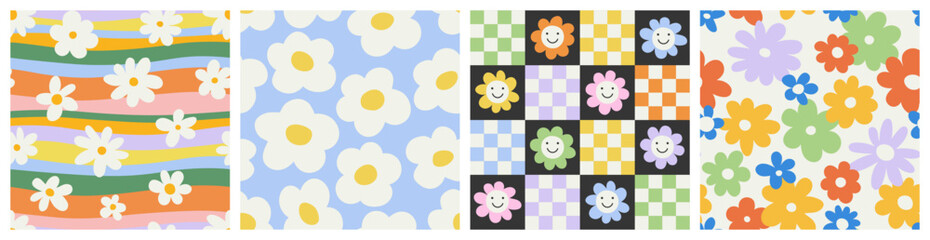 Trendy floral seamless pattern collection. Set of vintage 70s style flower background illustration. Colorful pastel color groovy artwork bundle, y2k nature backgrounds with spring plants.