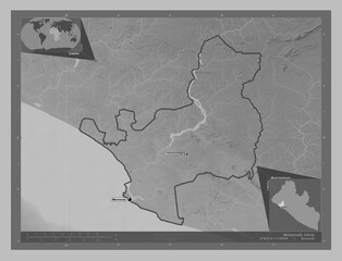 Montserrado, Liberia. Grayscale. Labelled points of cities