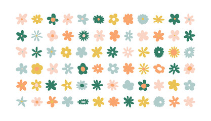 Fototapeta na wymiar Trendy floral icon illustration set. Vintage style flowers on isolated background. Colorful pastel color spring doodle collection. Wedding nature symbol, romantic graphic bundle.
