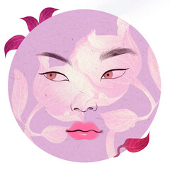 Surrealistic face covering with flowers, digital illustration