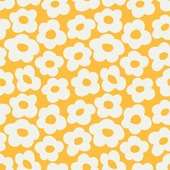 Trendy floral seamless pattern illustration. Vintage 70s style hippie flower background design. Colorful pastel color groovy artwork, y2k nature backdrop with daisy flowers.