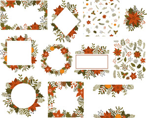 merry christmas floral modern xmas foliage flowers borders frames circle round wreaths, backgrounds textures set, isolated vector illustration graphic design