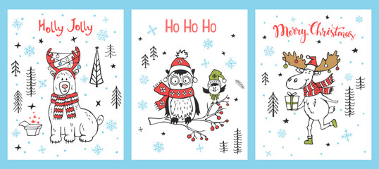 merry ho ho ho and christmas, holly jolly fun xmas greeting cards set templates with cute cartoon polar bear, owl, moose deer, scandinavian style vector illustration