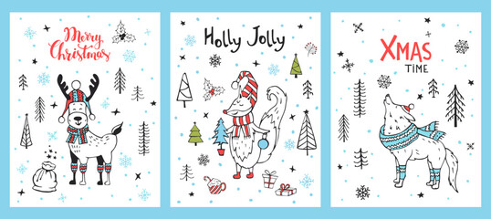 merry christmas, holly jolly fun xmas time greeting cards set templates with cute cartoon deer arctic fox and white wolf , scandinavian style vector illustration